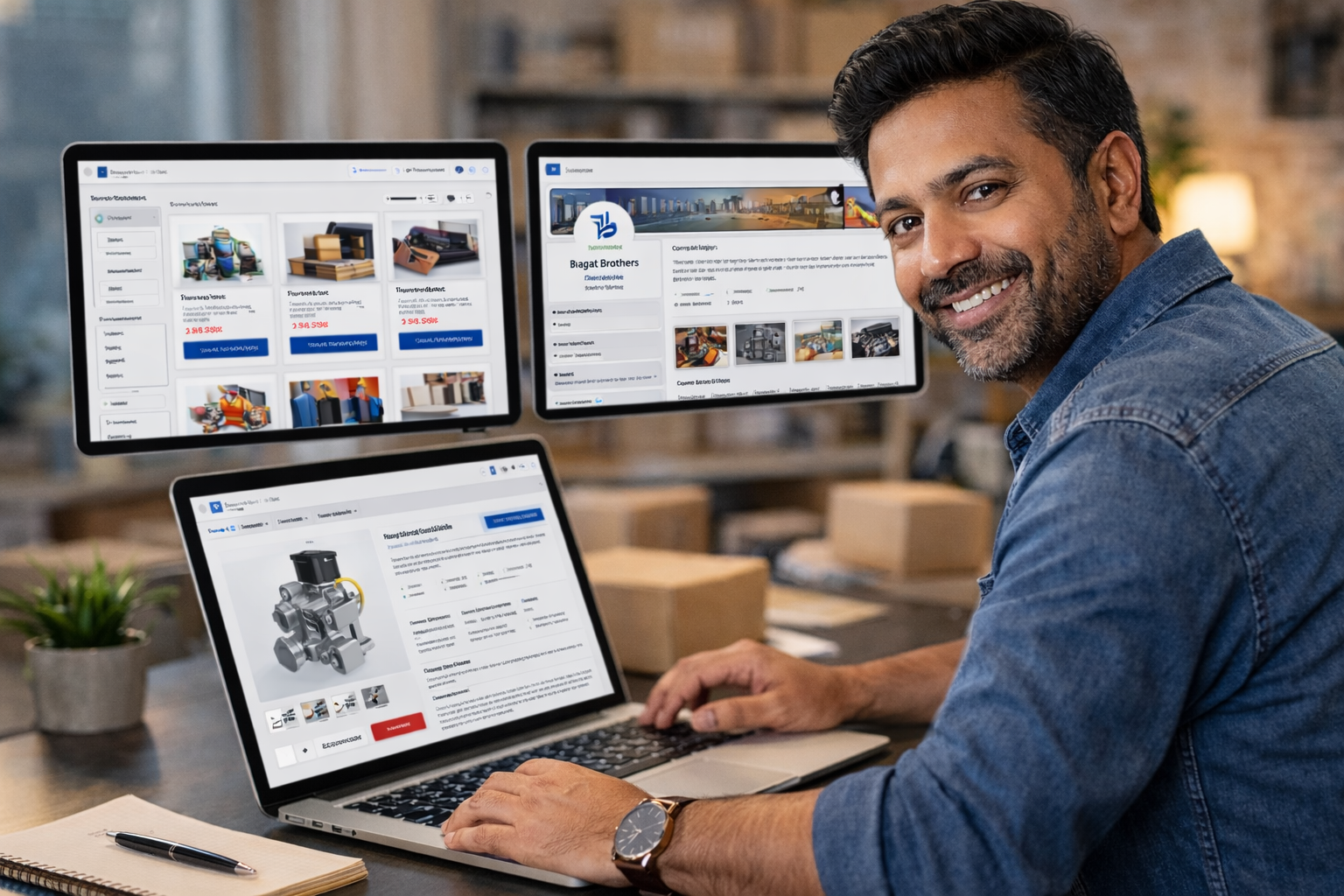Business owner with B2B catalogue displays